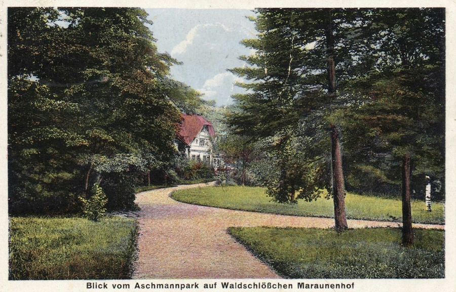 Дорожка в парке и вид на ресторан Waldschlößchen
