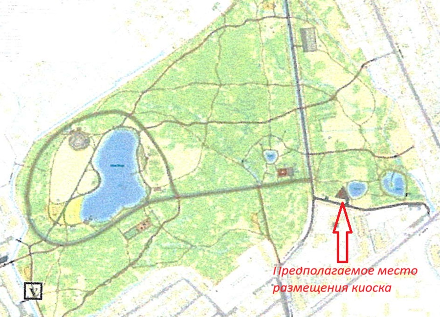 Схема предполагаемого места второго киоска рядом с водоёмом в парке Макса Ашманна